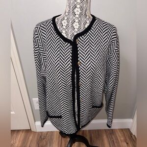 Crystal-Kobe white‎ black knit herringbone sweater cardigan gold buttons acrylic
